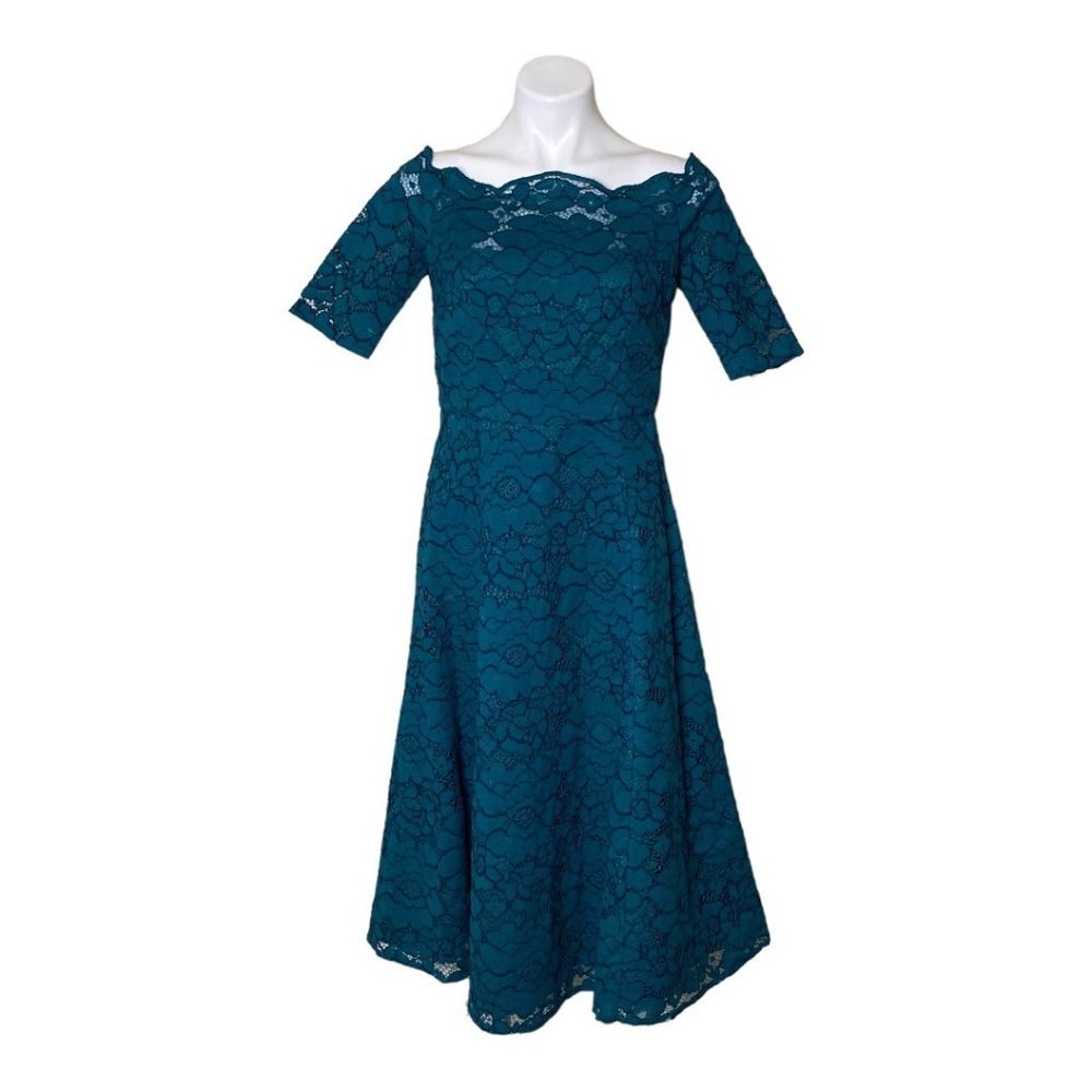 Maggy London Teal Lace Off-Shoulder Midi Dress